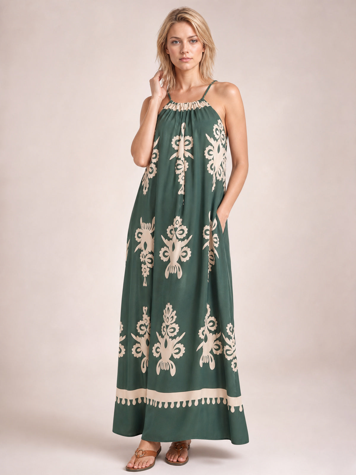 Printed Spaghetti Strap Sleeveless Maxi Dress-Dark Green-S-Soulshine Design