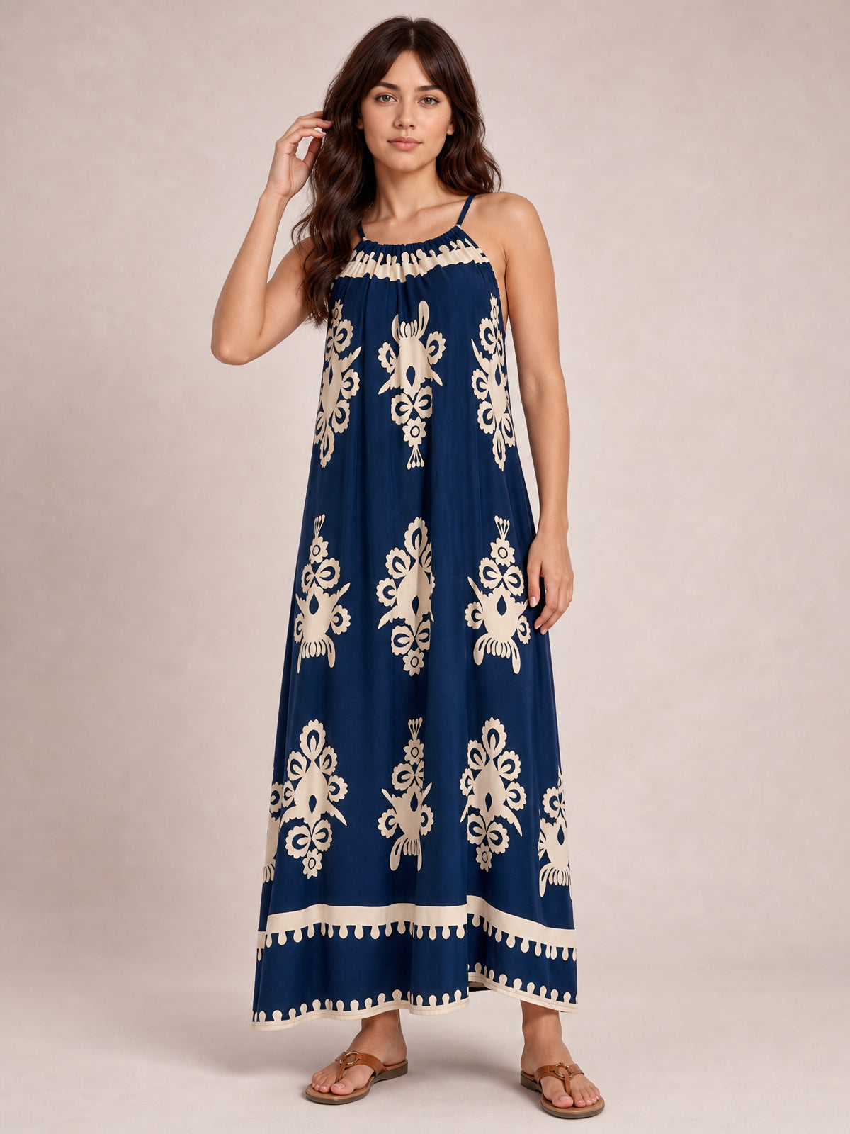 Printed Spaghetti Strap Sleeveless Maxi Dress-Navy-S-Soulshine Design
