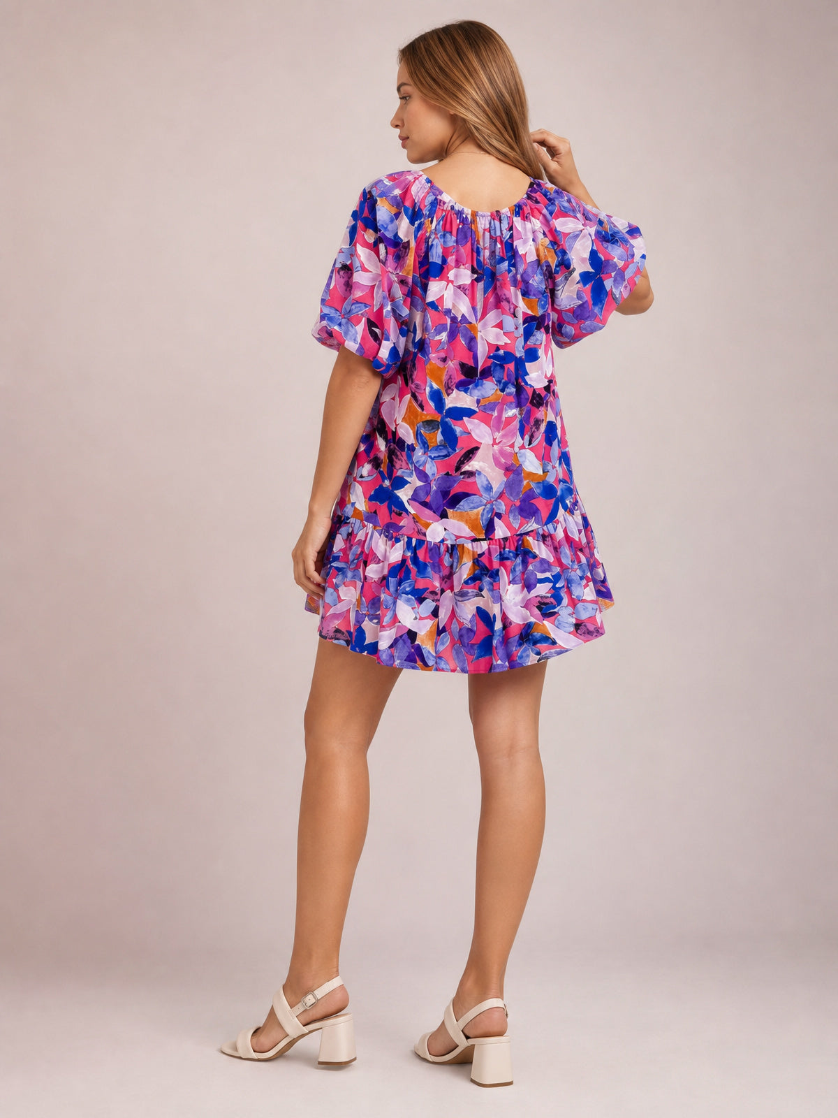 Printed Square Neck Short Sleeve Mini Dress-Soulshine Design