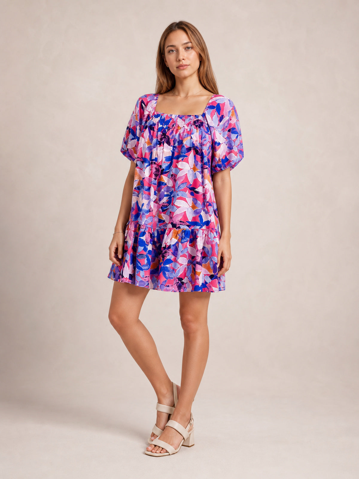 Printed Square Neck Short Sleeve Mini Dress-Soulshine Design