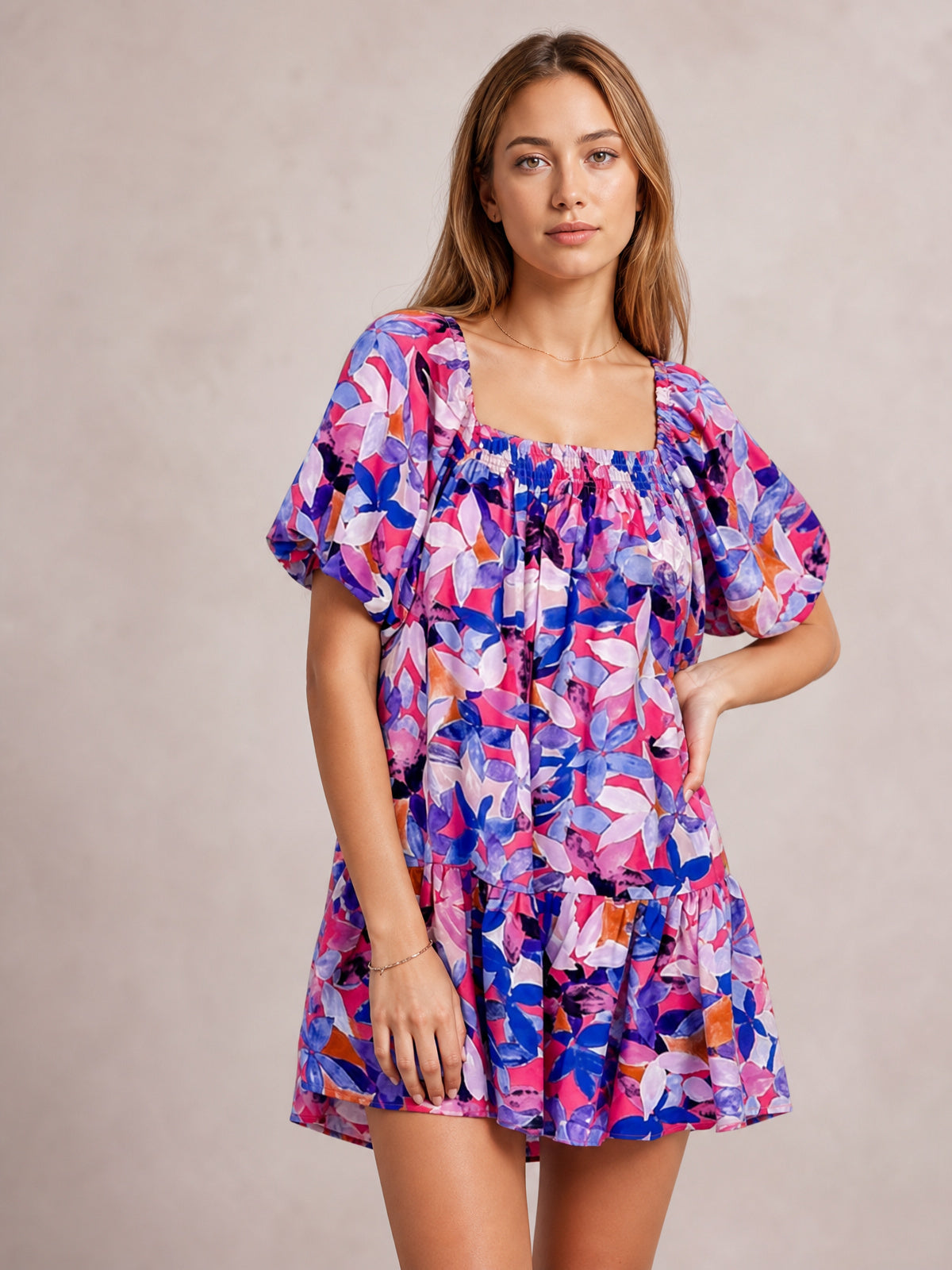 Printed Square Neck Short Sleeve Mini Dress-Soulshine Design