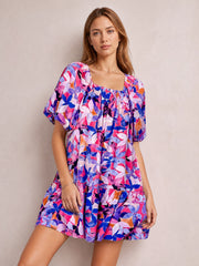 Printed Square Neck Short Sleeve Mini Dress-Indigo-S-Soulshine Design