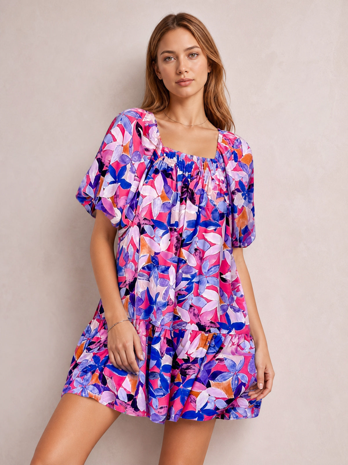 Printed Square Neck Short Sleeve Mini Dress-Indigo-S-Soulshine Design