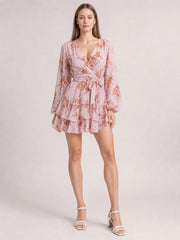 Printed Surplice Balloon Sleeve Mini Dress-Lilac-S-Soulshine Design