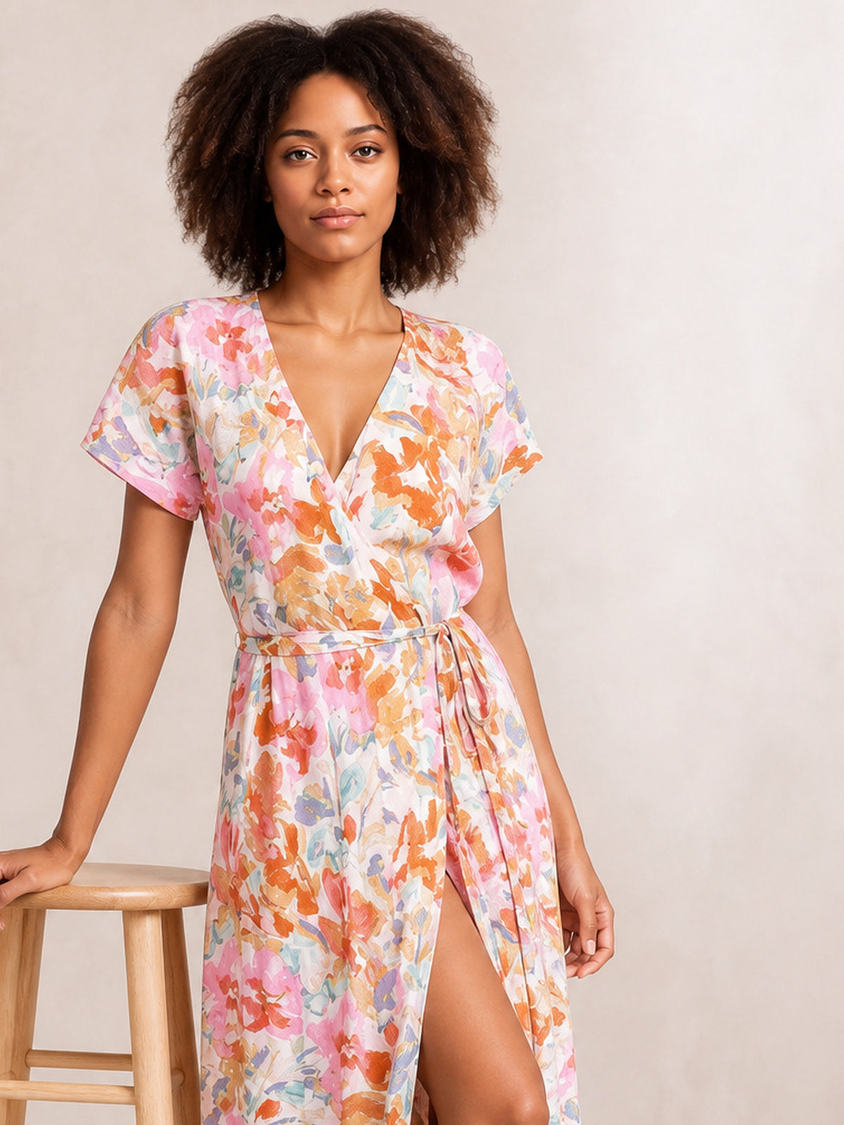 Printed Surplice Short Sleeve Tie Waist Maxi Dress-Soulshine Design