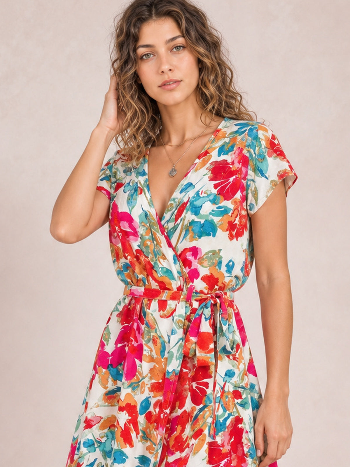 Printed Surplice Short Sleeve Tie Waist Maxi Dress-Soulshine Design
