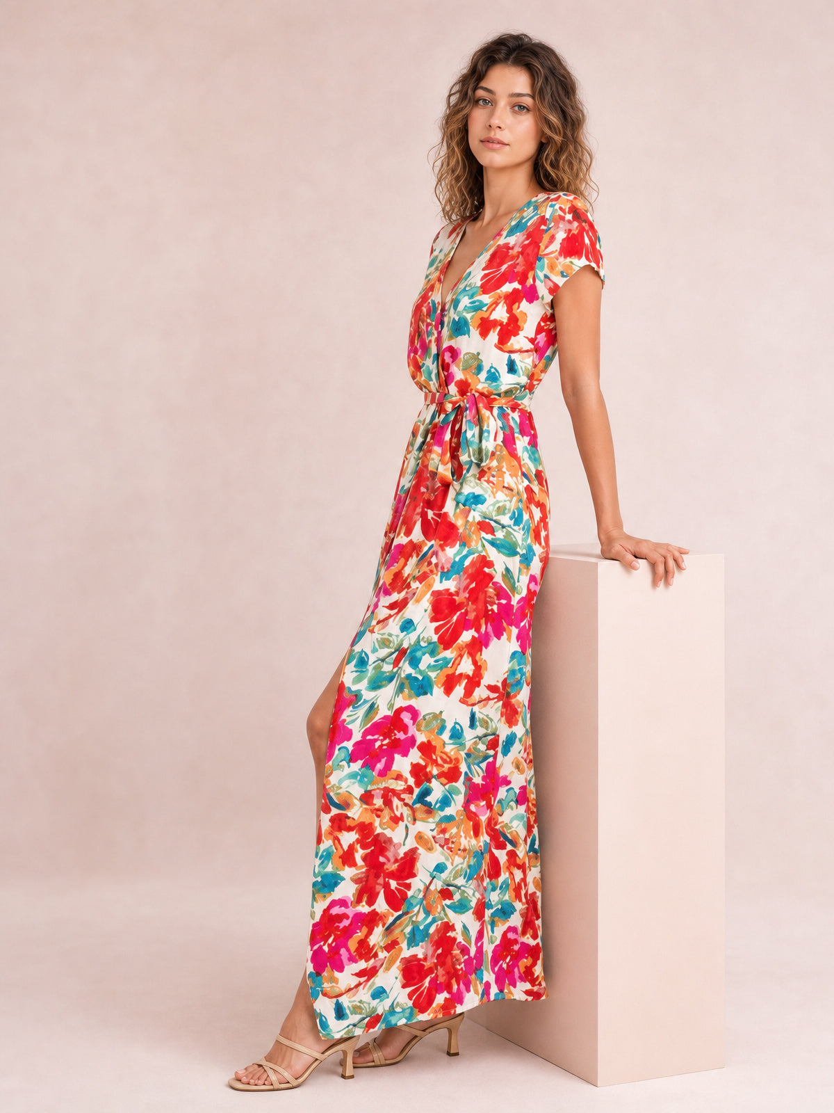 Printed Surplice Short Sleeve Tie Waist Maxi Dress-Soulshine Design