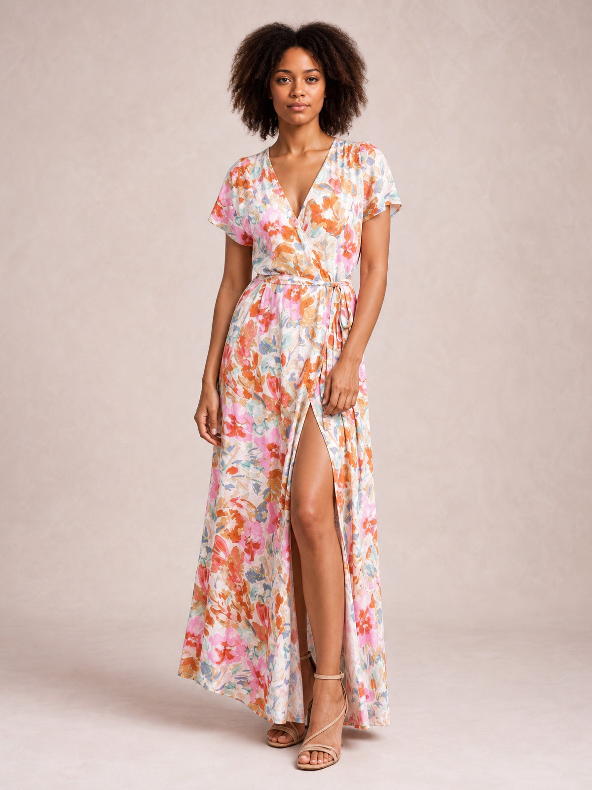Printed Surplice Short Sleeve Tie Waist Maxi Dress-Burnt Coral-M-Soulshine Design