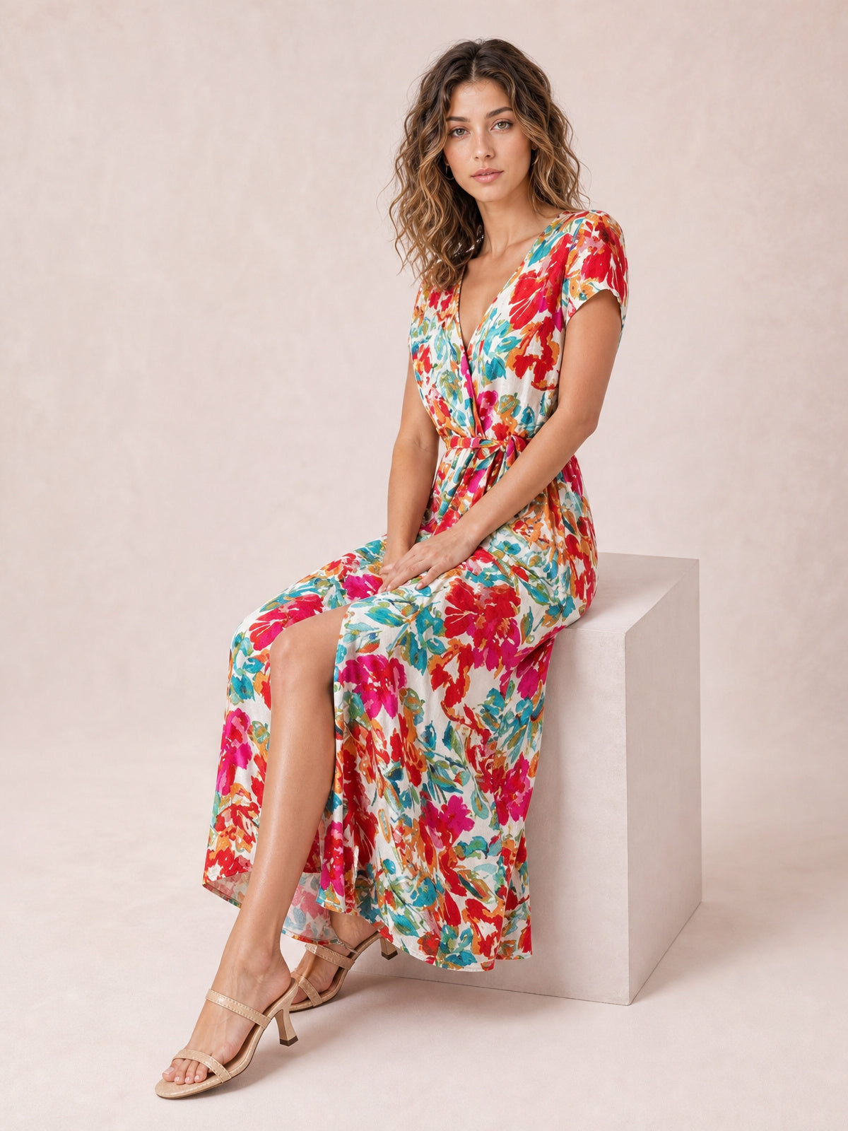 Printed Surplice Short Sleeve Tie Waist Maxi Dress-Hot Pink-S-Soulshine Design