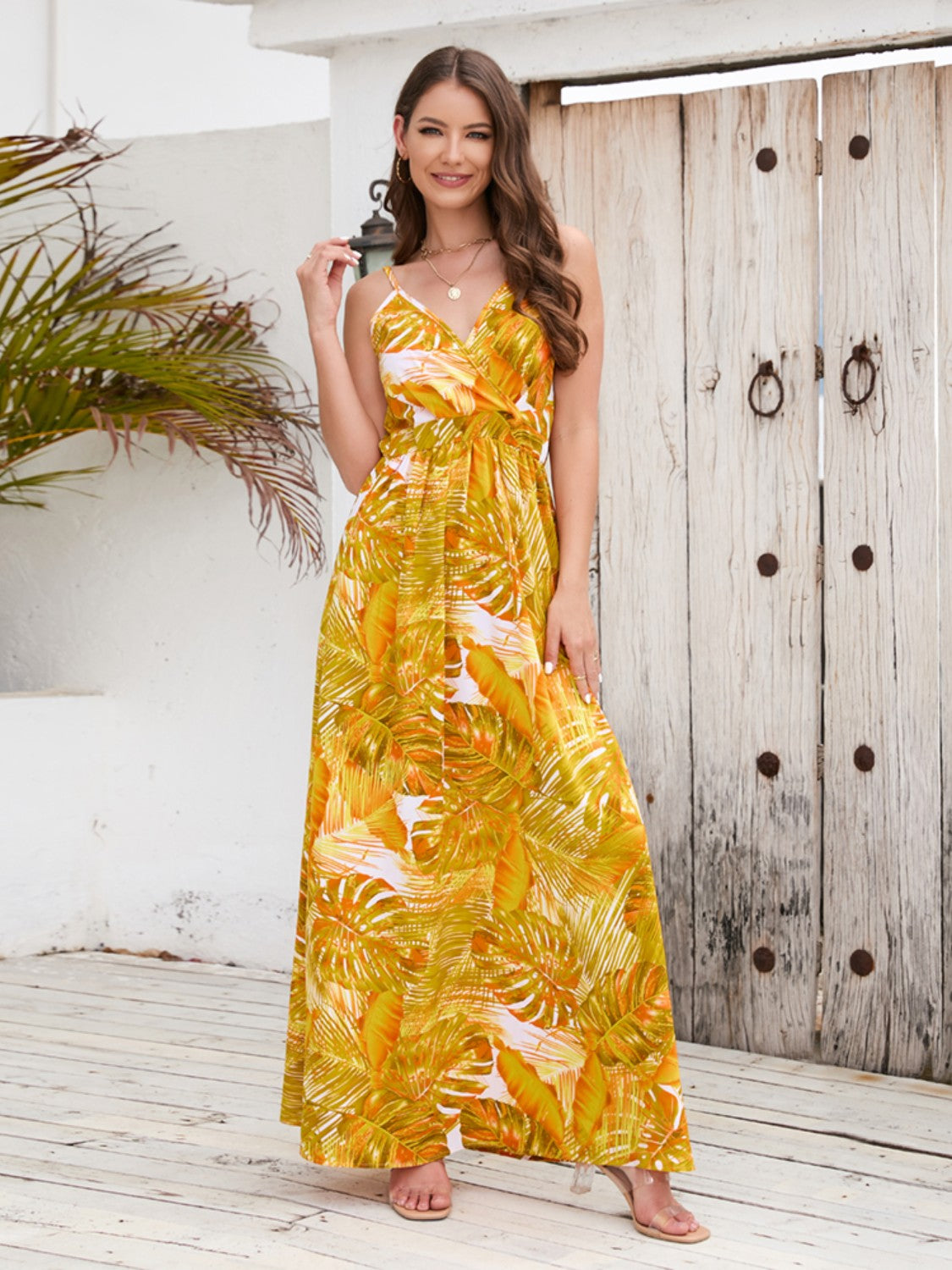 Printed Surplice Spaghetti Strap Dress-Tangerine-S-Soulshine Design