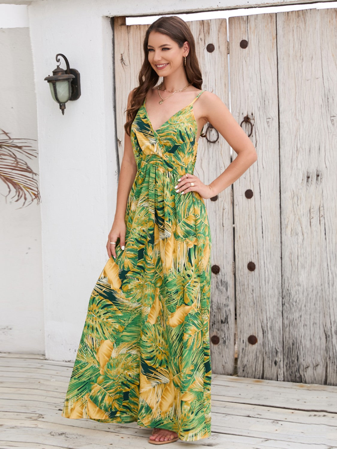 Printed Surplice Spaghetti Strap Dress-Yellow-Green-S-Soulshine Design