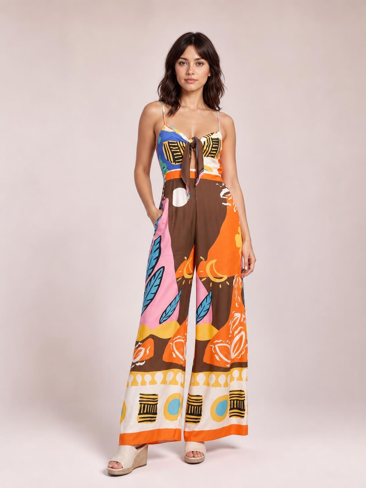 Model stands with one hand in a pocket wearing a colorful printed sweetheart neck jumpsuit with thin straps, a tied bodice, and wide-leg silhouette.