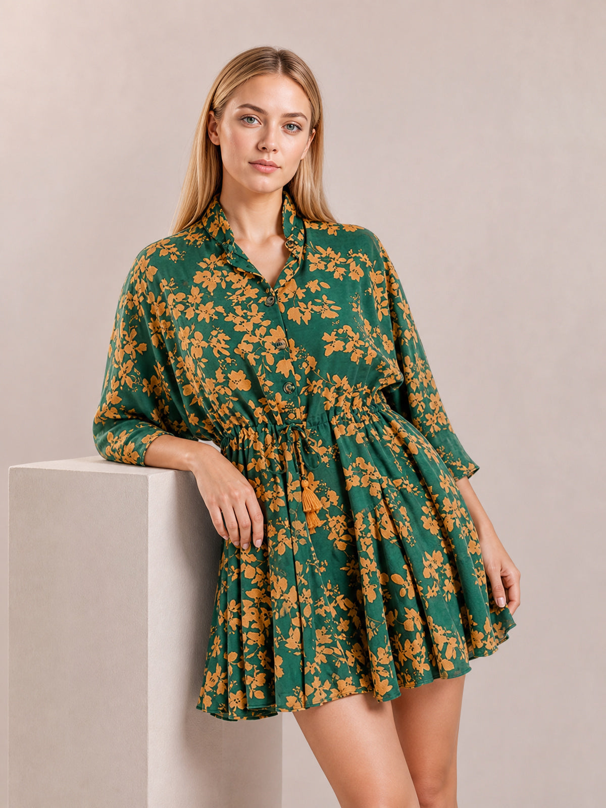 Printed Three-Quarter Sleeve Mini Dress-Soulshine Design