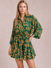 Printed Three-Quarter Sleeve Mini Dress-Dark Green-S-Soulshine Design