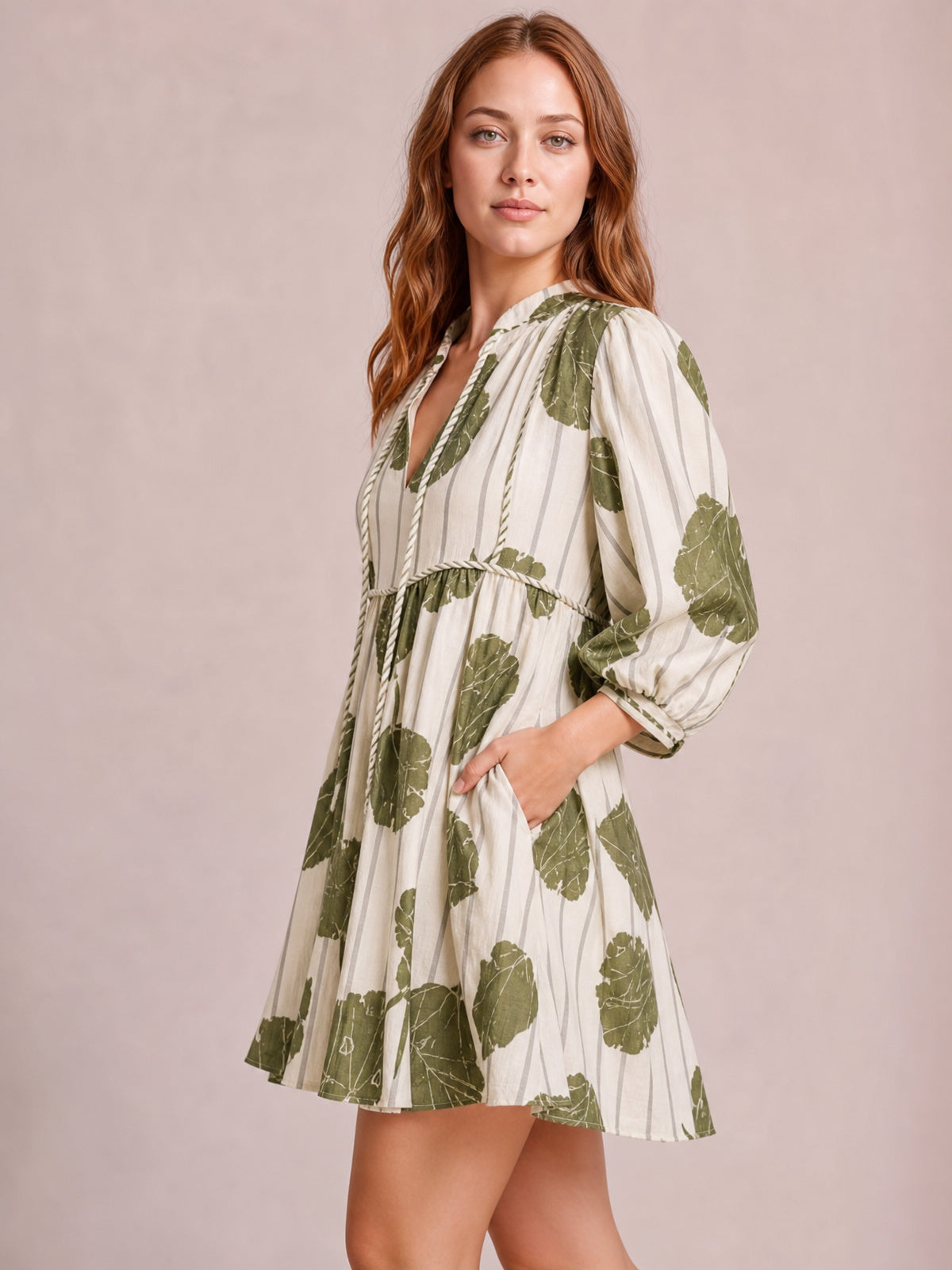 Printed Tie Neck Three-Quarter Sleeve Mini Dress-Soulshine Design