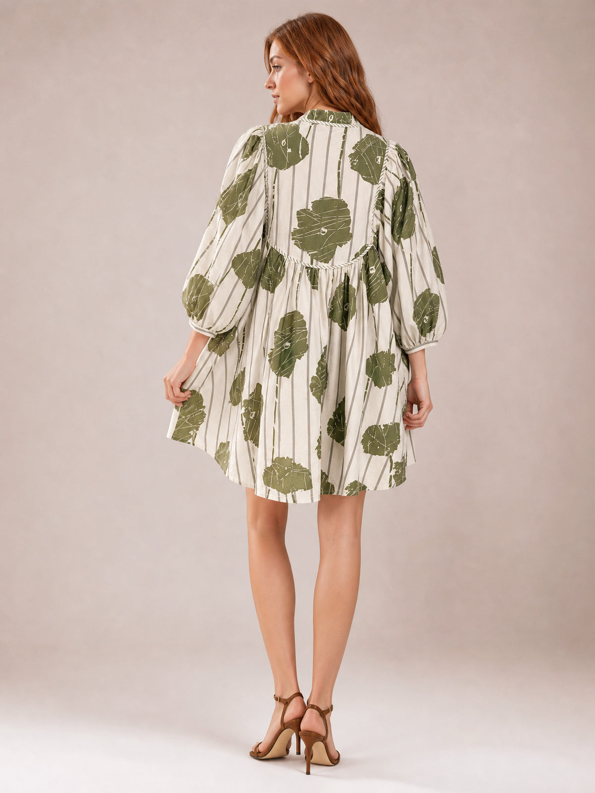 Printed Tie Neck Three-Quarter Sleeve Mini Dress-Soulshine Design