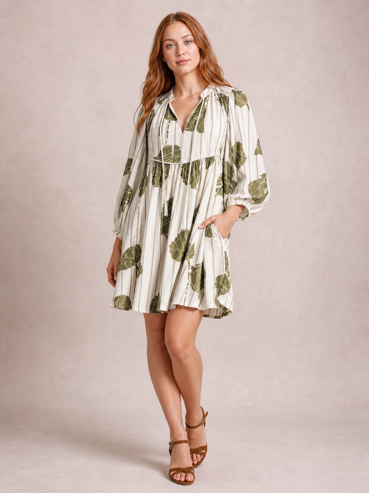 Printed Tie Neck Three-Quarter Sleeve Mini Dress-Soulshine Design