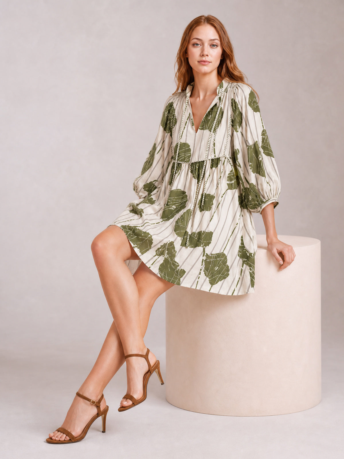 Printed Tie Neck Three-Quarter Sleeve Mini Dress-Matcha Green-S-Soulshine Design