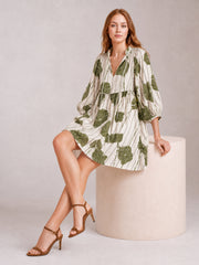 Printed Tie Neck Three-Quarter Sleeve Mini Dress-Matcha Green-S-Soulshine Design