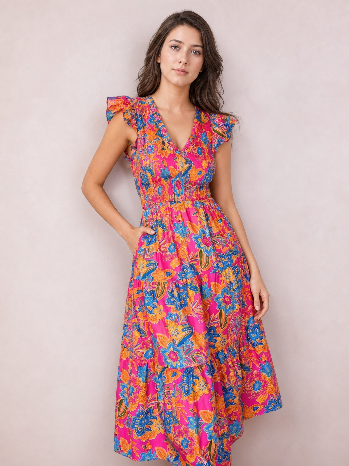 Printed V-Neck Cap Sleeve Pocketed Midi Dress-Soulshine Design