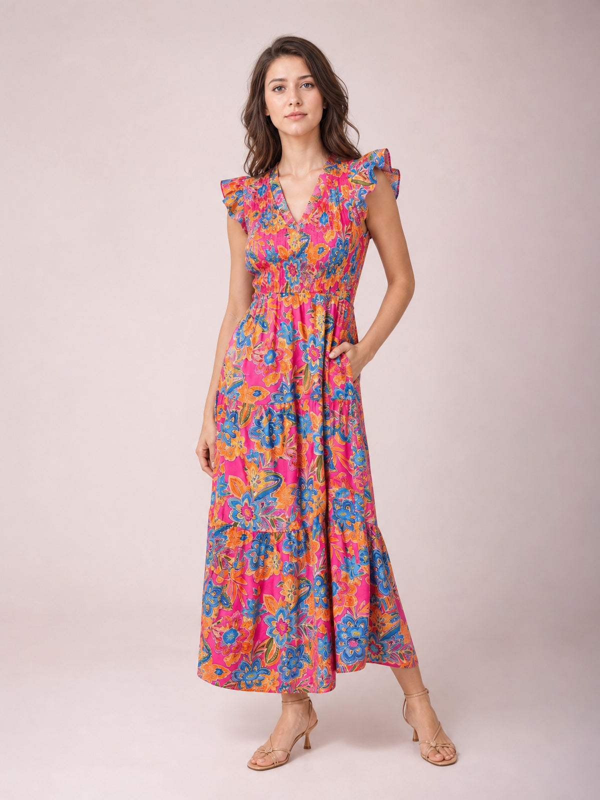 Printed V-Neck Cap Sleeve Pocketed Midi Dress-Soulshine Design