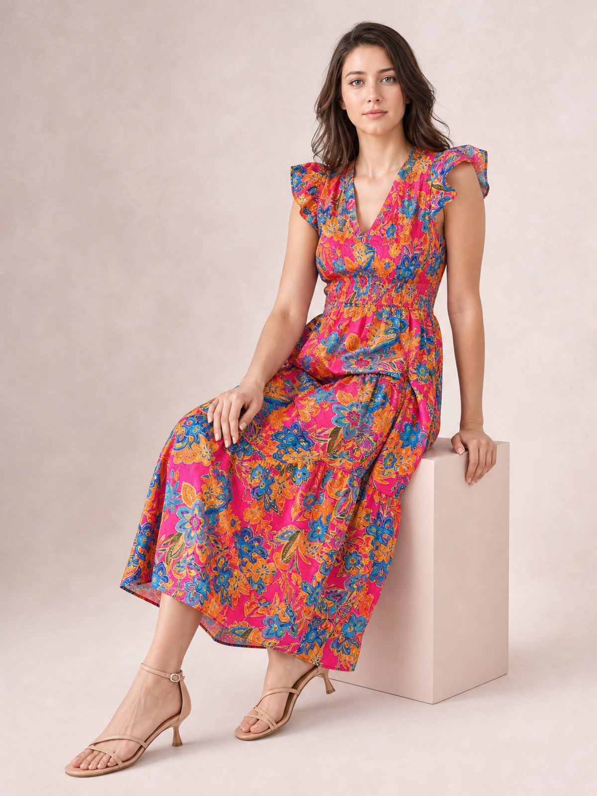 Printed V-Neck Cap Sleeve Pocketed Midi Dress-Soulshine Design
