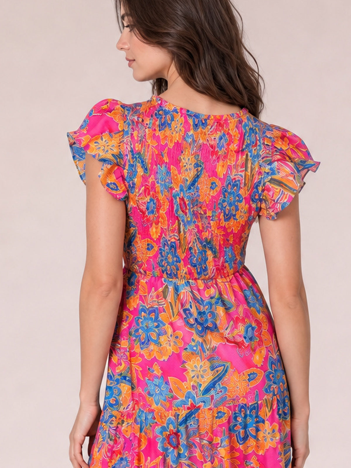 Printed V-Neck Cap Sleeve Pocketed Midi Dress-Soulshine Design