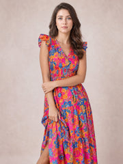 Printed V-Neck Cap Sleeve Pocketed Midi Dress-Floral-S-Soulshine Design
