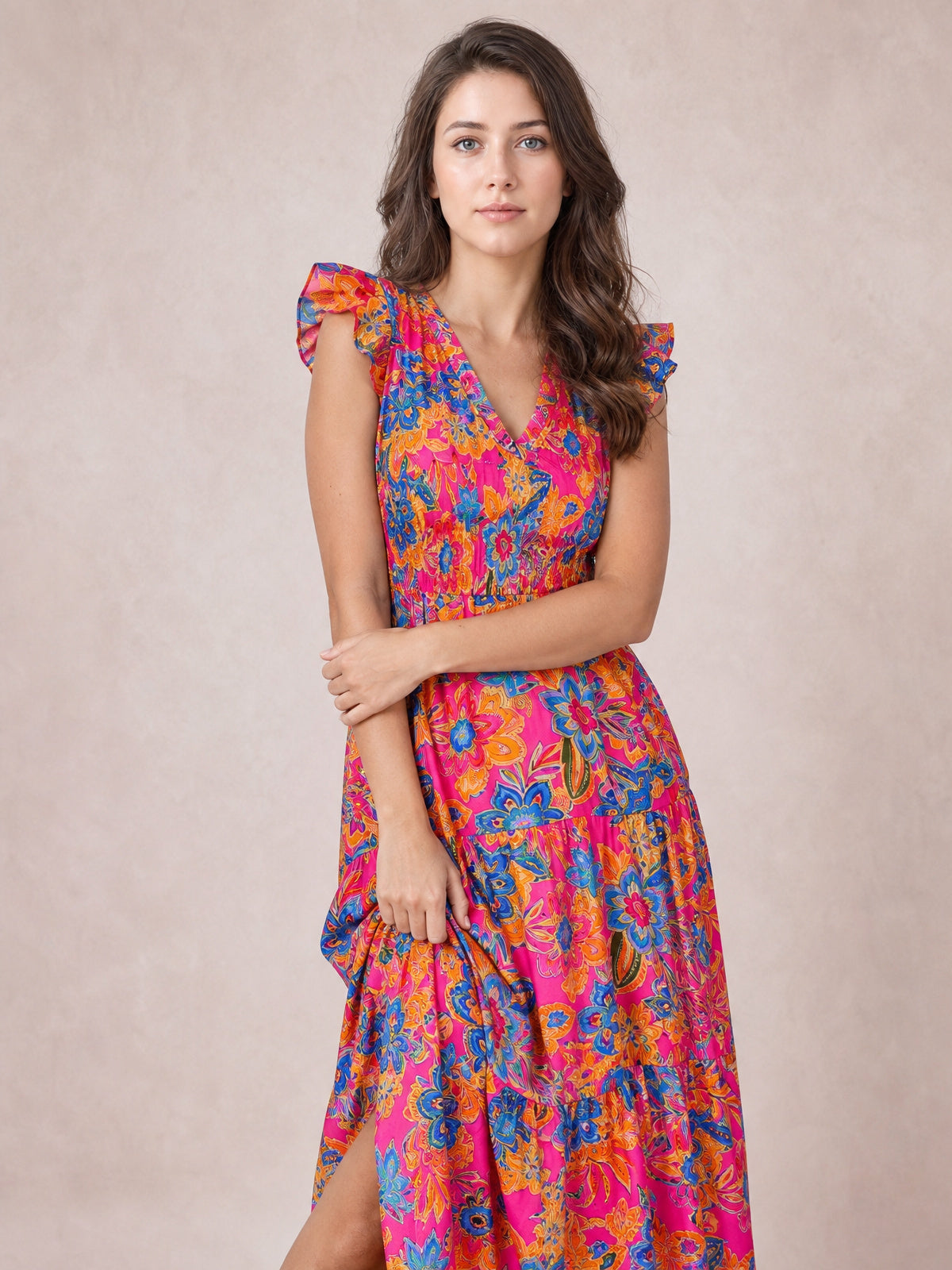 Printed V-Neck Cap Sleeve Pocketed Midi Dress-Floral-S-Soulshine Design
