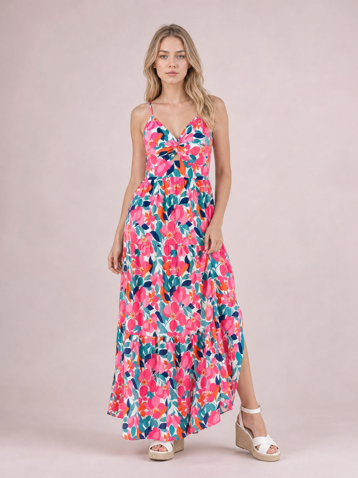 Printed V-Neck Maxi Cami Dress-Soulshine Design