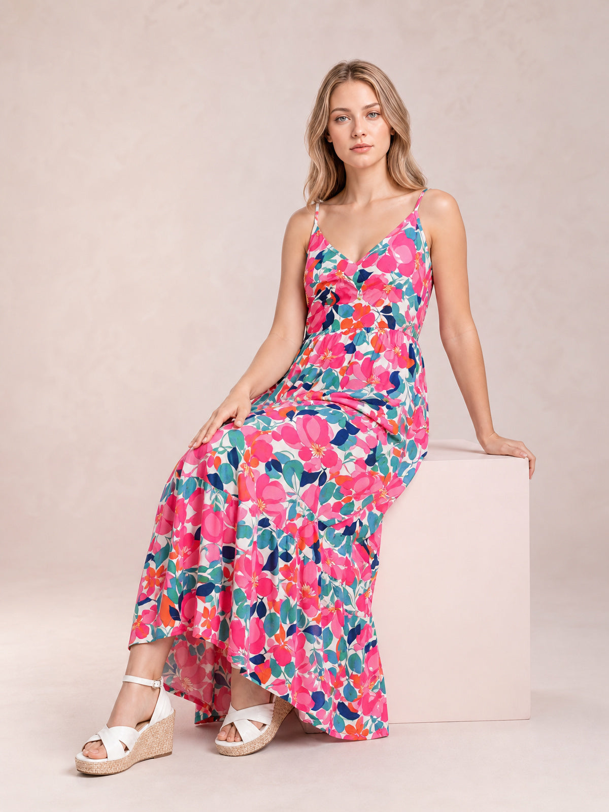 Printed V-Neck Maxi Cami Dress-Soulshine Design