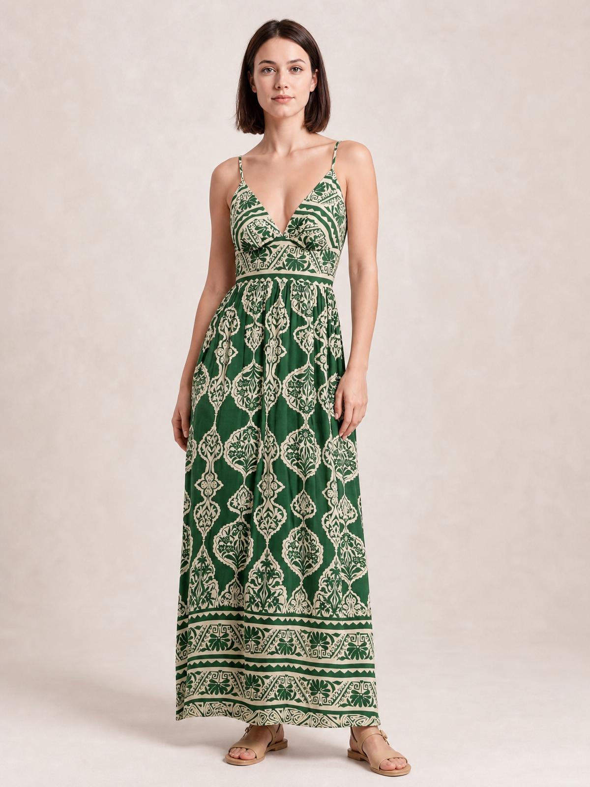Printed V-Neck Maxi Cami Dress-Soulshine Design