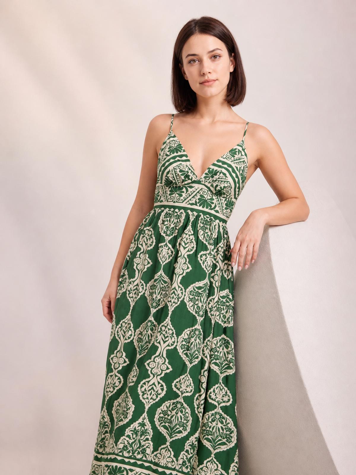 Printed V-Neck Maxi Cami Dress-Soulshine Design