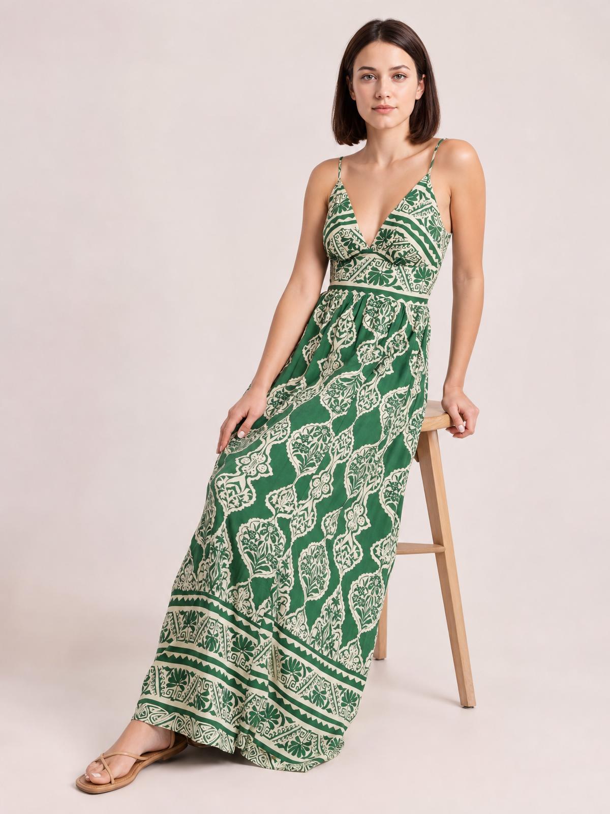 Printed V-Neck Maxi Cami Dress-Matcha Green-S-Soulshine Design