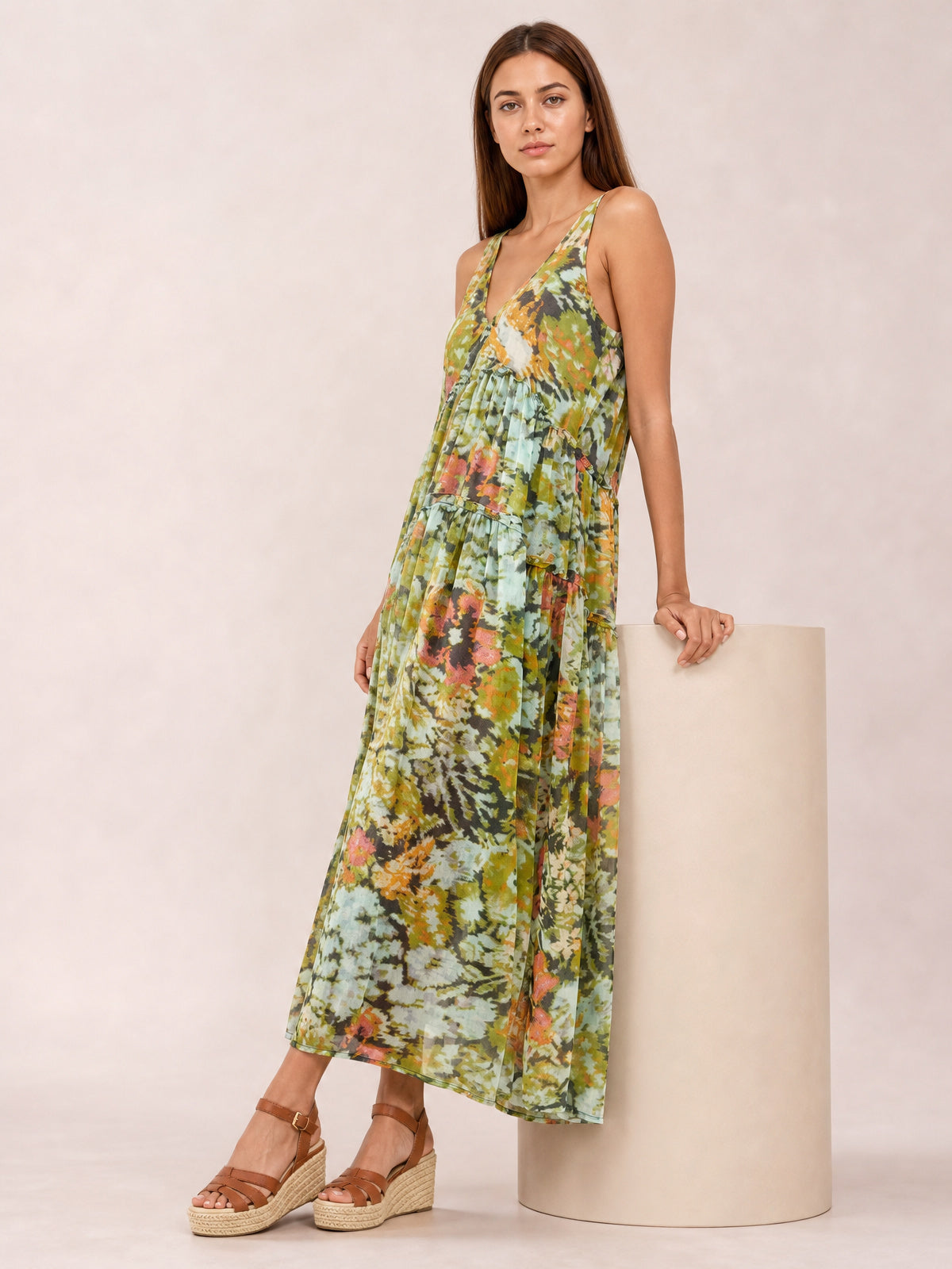 Printed V-Neck Sleeveless Dress-Soulshine Design