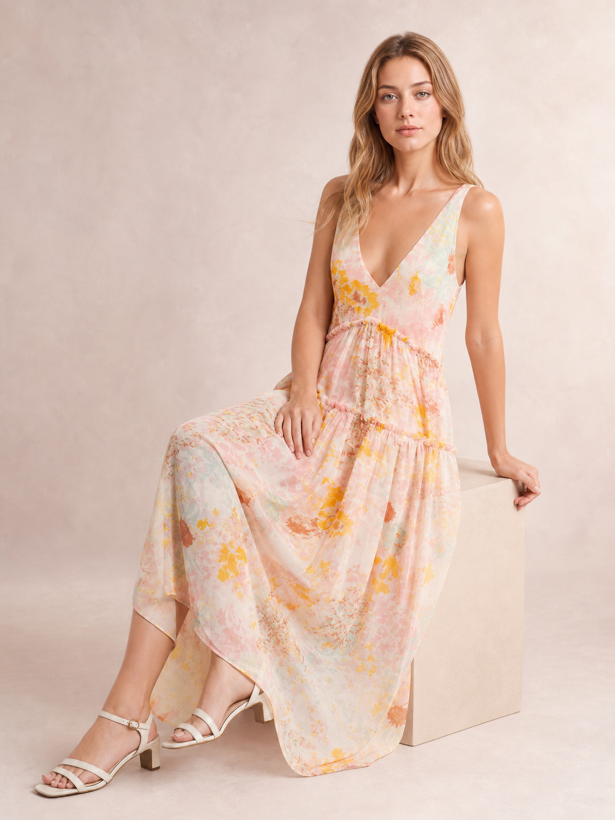 Printed V-Neck Sleeveless Dress-Soulshine Design