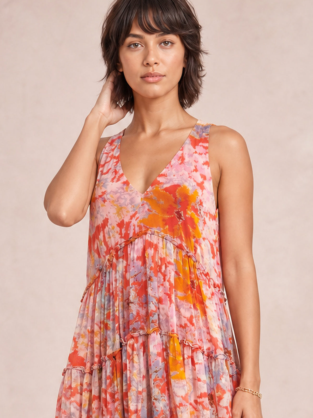 Printed V-Neck Sleeveless Dress-Soulshine Design