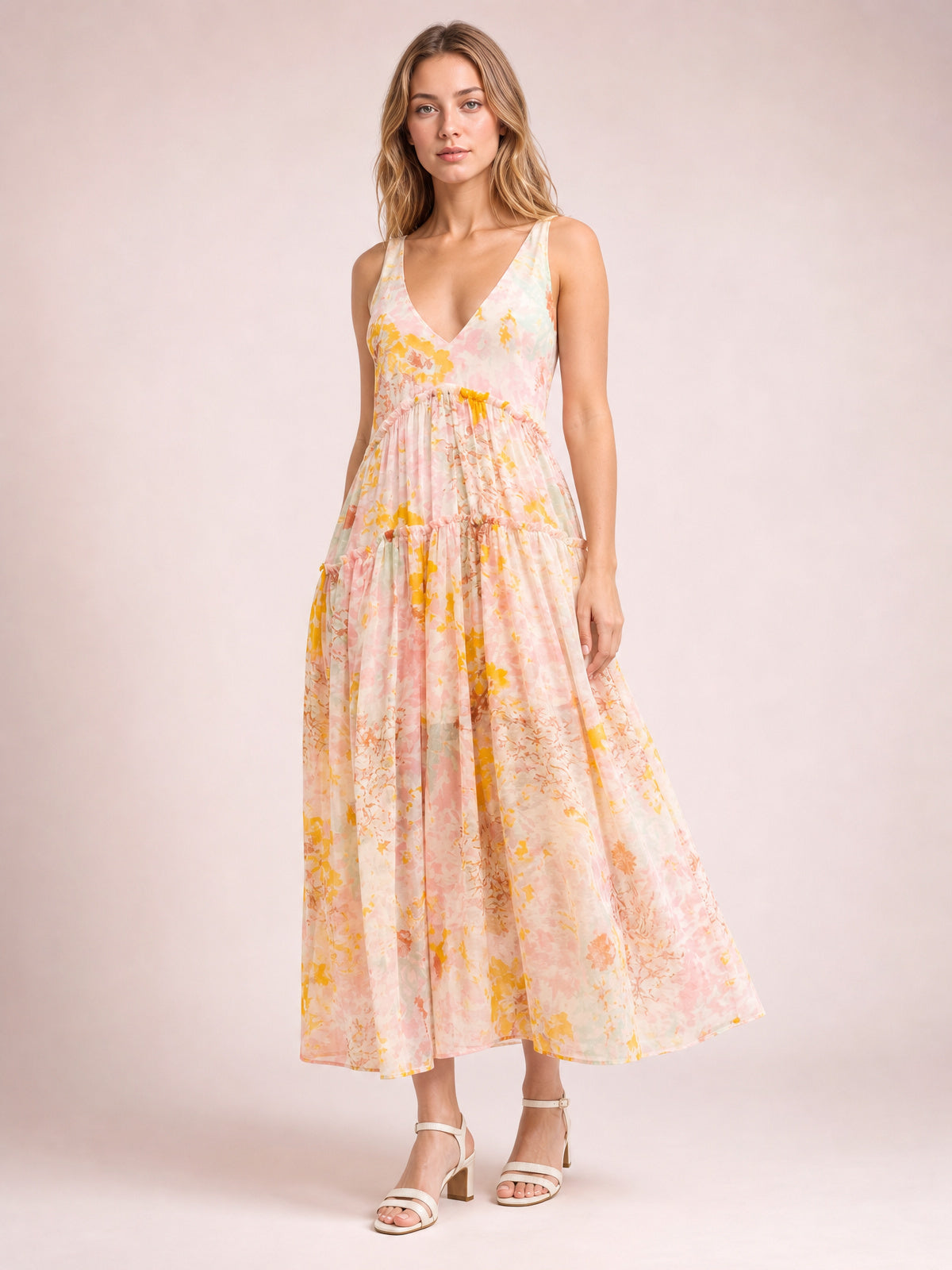 Printed V-Neck Sleeveless Dress-Blush Pink-S-Soulshine Design