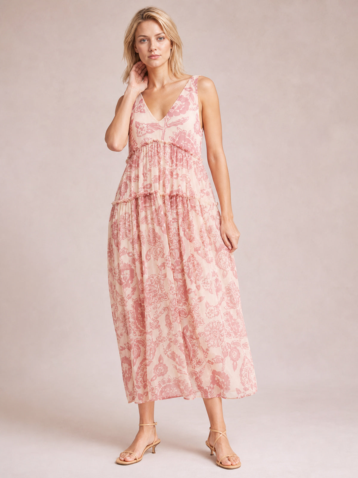 Printed V-Neck Sleeveless Dress-Dusty Pink-S-Soulshine Design