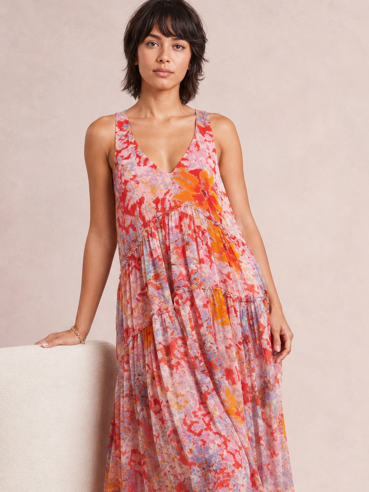 Printed V-Neck Sleeveless Dress-Strawberry-S-Soulshine Design