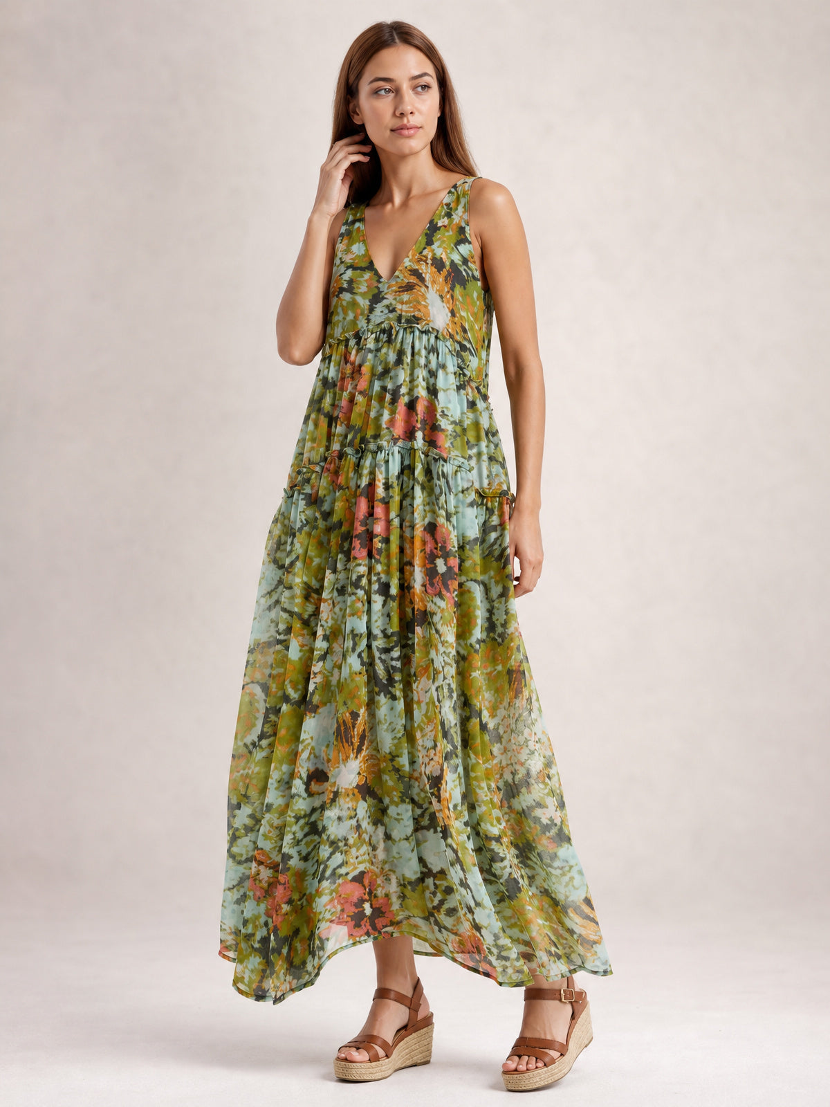 Printed V-Neck Sleeveless Dress-Yellow-Green-S-Soulshine Design