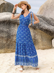 Printed V-Neck Tie Shoulder Dress-Blue-S-Soulshine Design