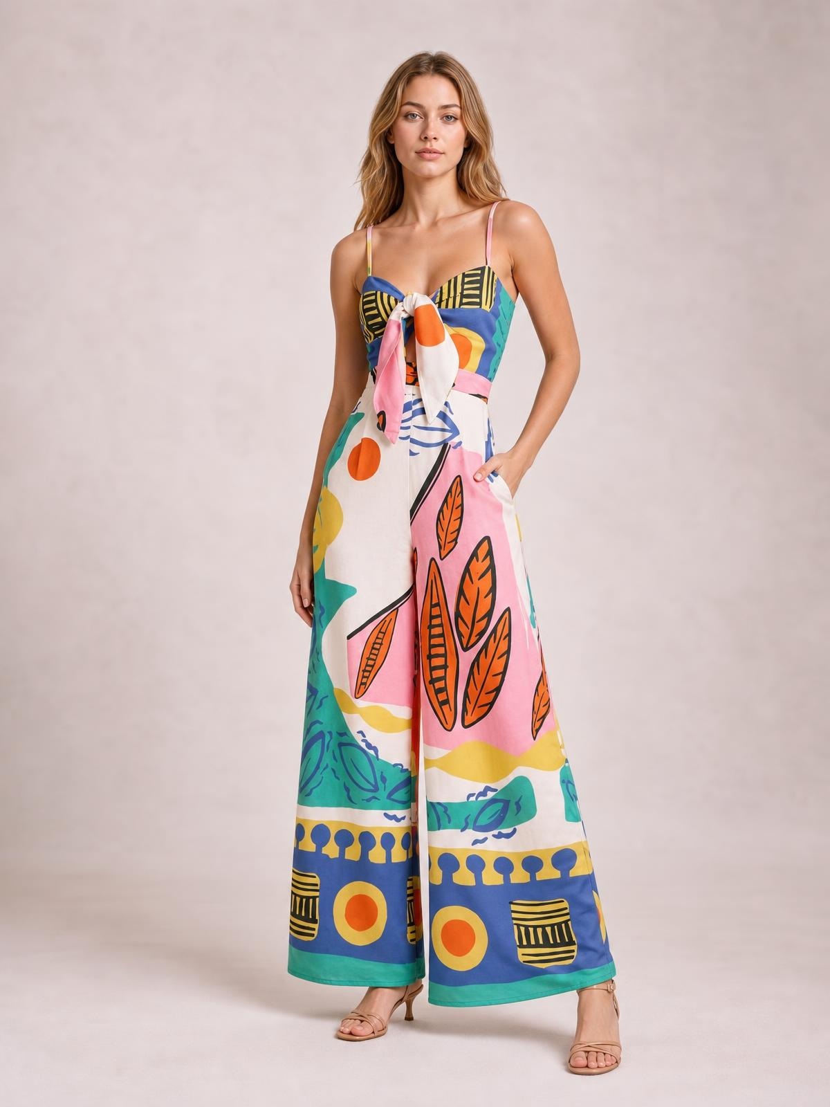 Model poses in a colorful printed cami jumpsuit with tied bust, fitted waist, wide legs, and side pockets.