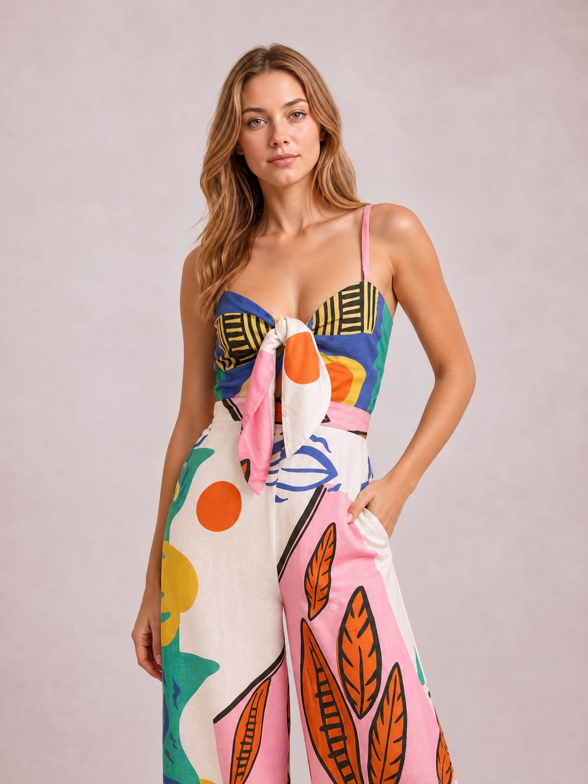 Model poses in a colorful printed cami jumpsuit with thin straps, a tied front, fitted bodice, pocketed waist, and flowing wide-leg silhouette.