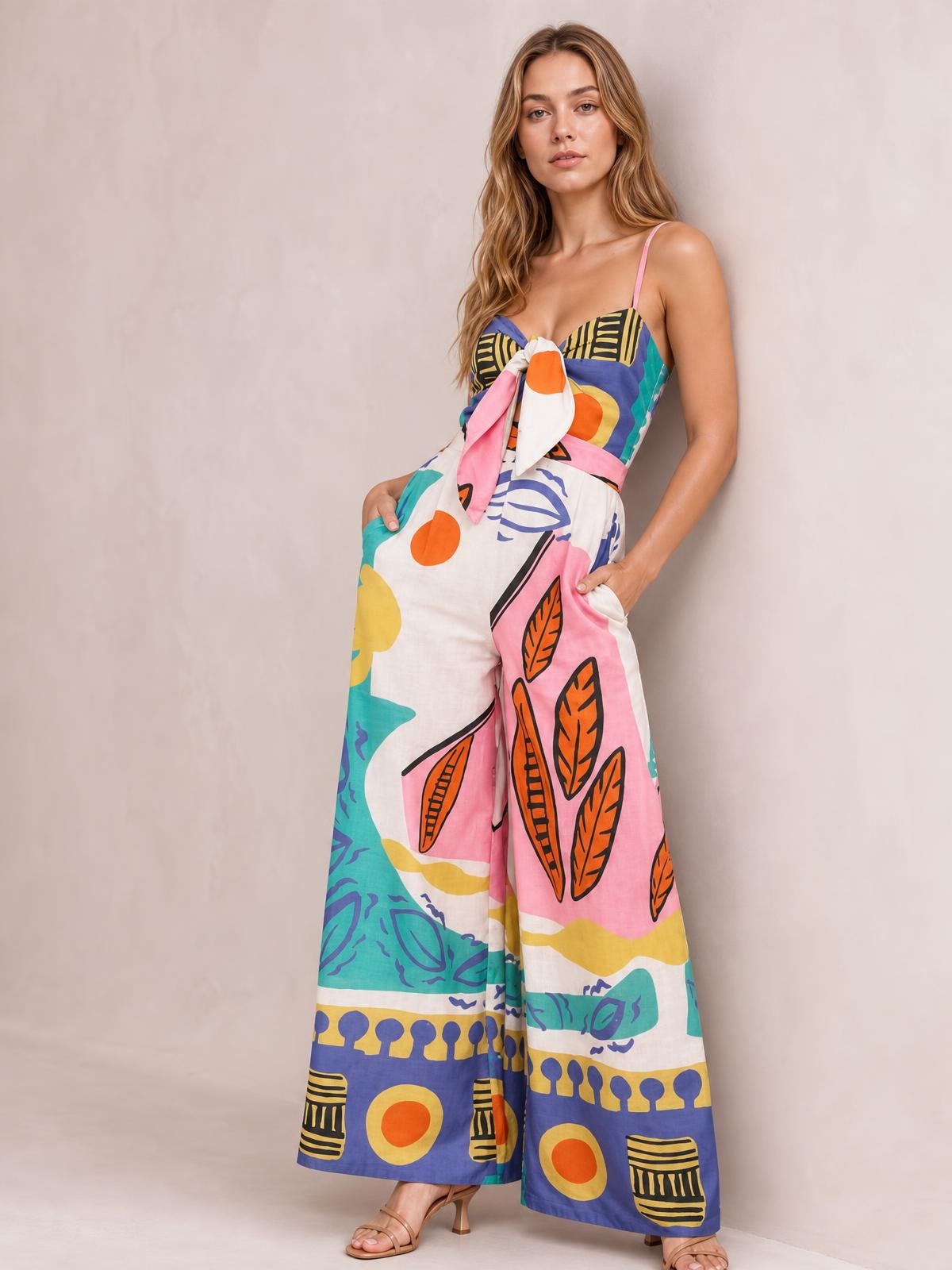 Model poses in a vibrant printed wide-leg cami jumpsuit with thin straps, a tied bodice, high waist, and flowing full-length silhouette.