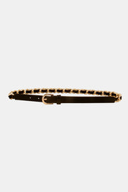 Black PU skinny belt with a polished gold-tone alloy chain accent, smooth narrow strap, multiple adjustment holes, and a rounded buckle.