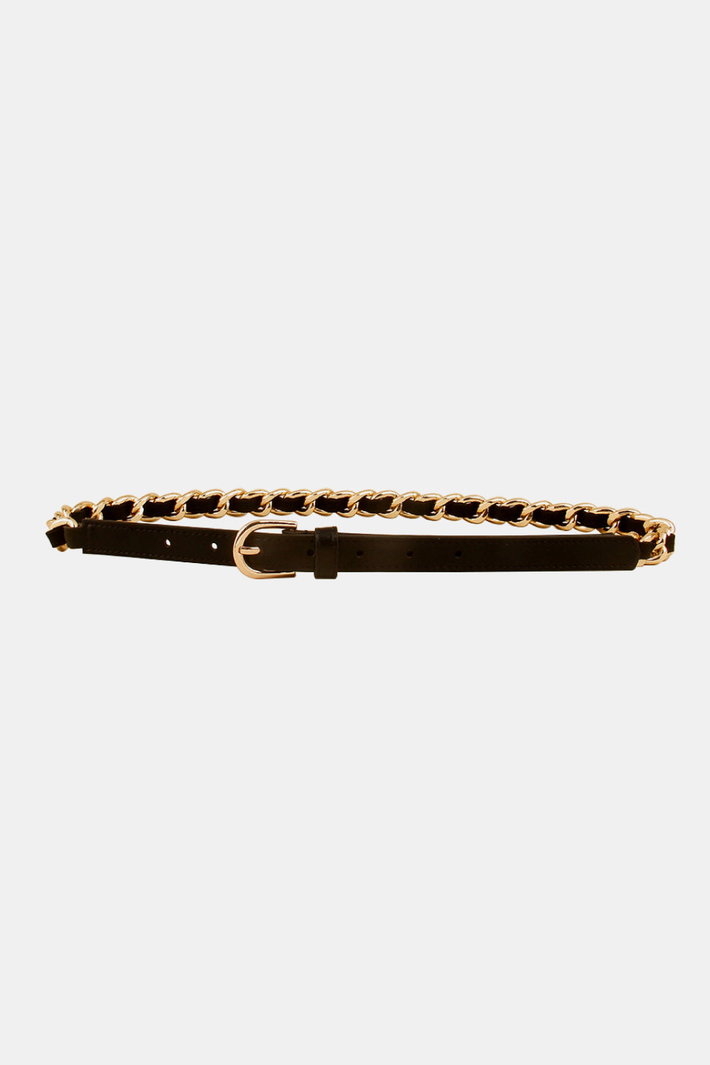 Black PU skinny belt with a polished gold-tone alloy chain accent, smooth narrow strap, multiple adjustment holes, and a rounded buckle.