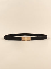 Black PU elastic skinny belt with a slim profile, stitched faux-leather ends, and a centered polished gold-tone alloy buckle.
