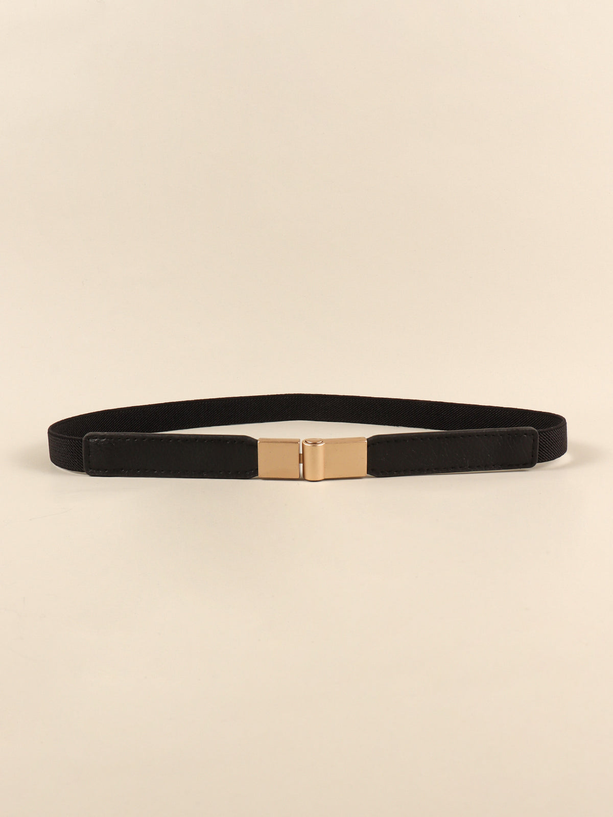 Black PU elastic skinny belt with a slim profile, stitched faux-leather ends, and a centered polished gold-tone alloy buckle.