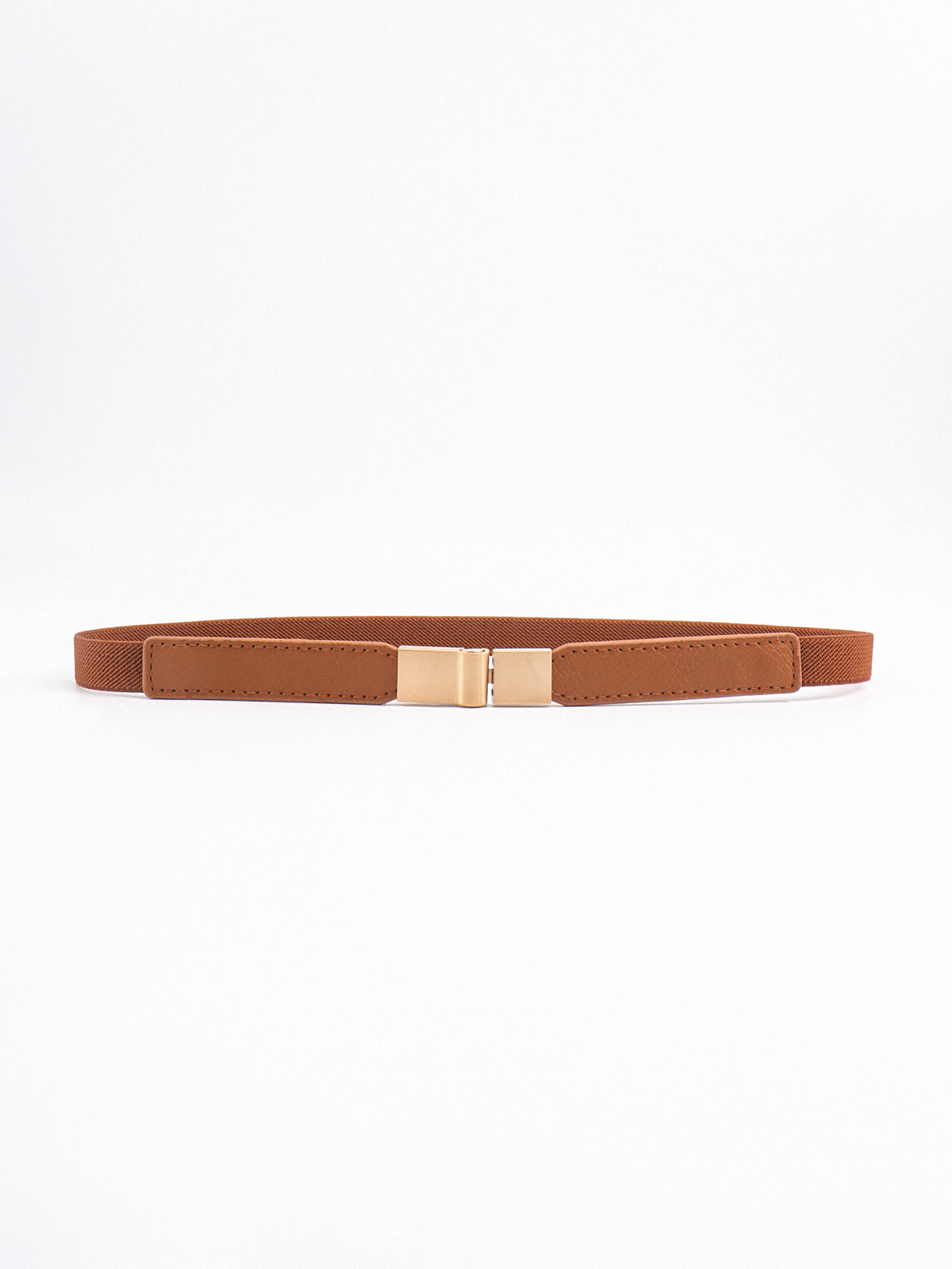 Brown PU elastic skinny belt with stitched panels, a slim silhouette, and a centered rectangular gold-tone alloy buckle.
